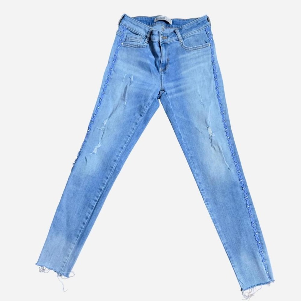 Zara Skinny Jeans Womens 2‎ Light Blue Good Distressed Pearl Braided Trim